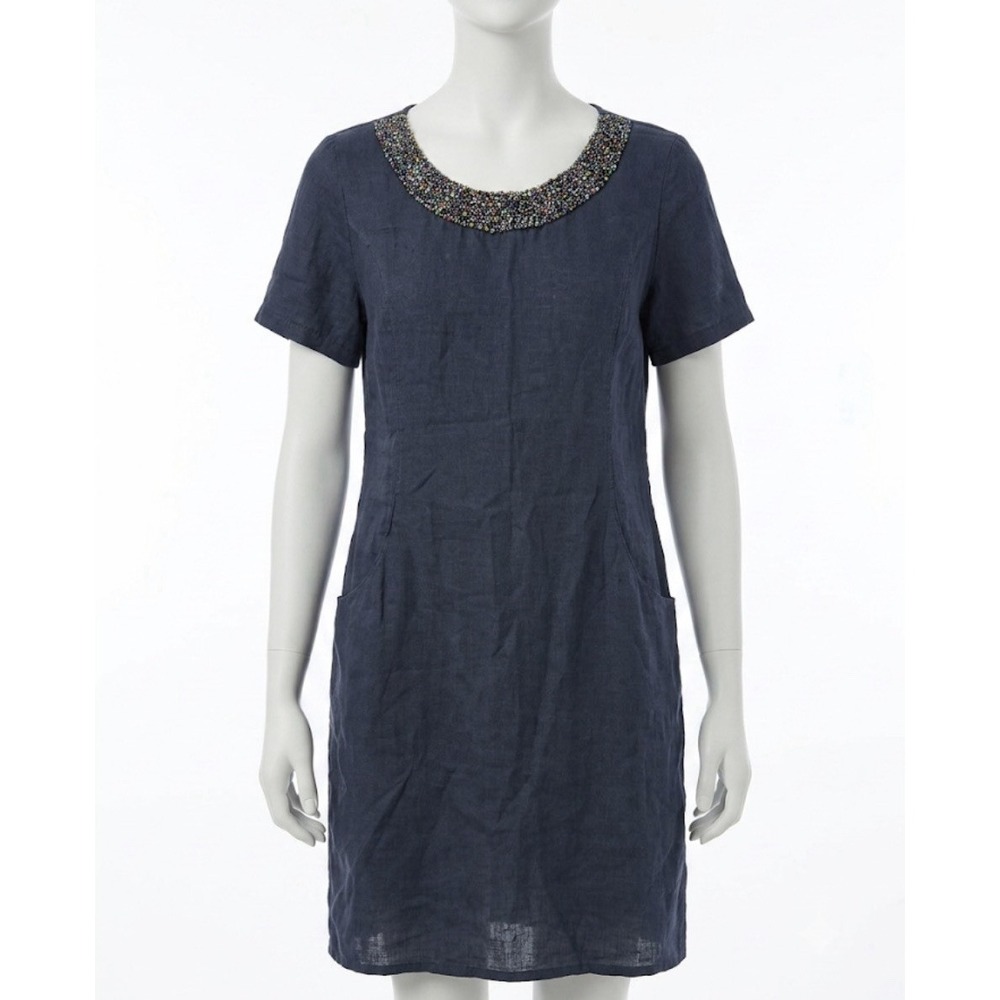 Lina Tomei Italian Linen Beaded Neck Dress L Coastal Quiet Luxury Bohemian Blue